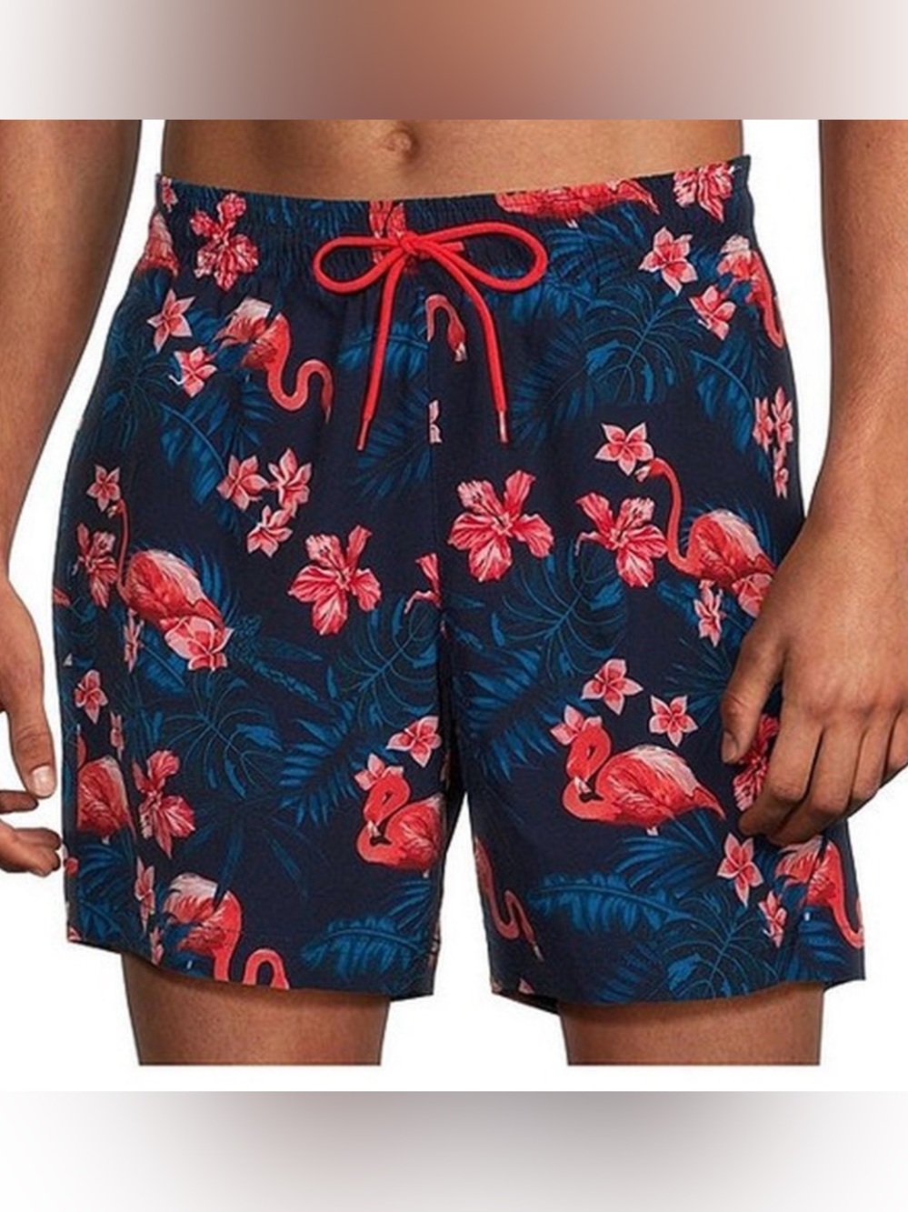 Caribbean flamingo floral swim trunks on navy background large